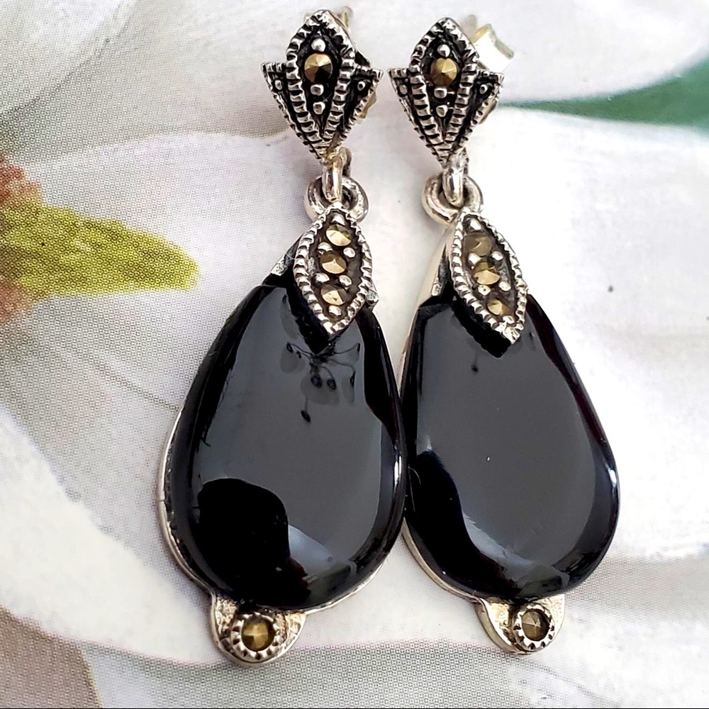 Marcasite and Black Onyx Drop Earrings 925 Sterling Silver